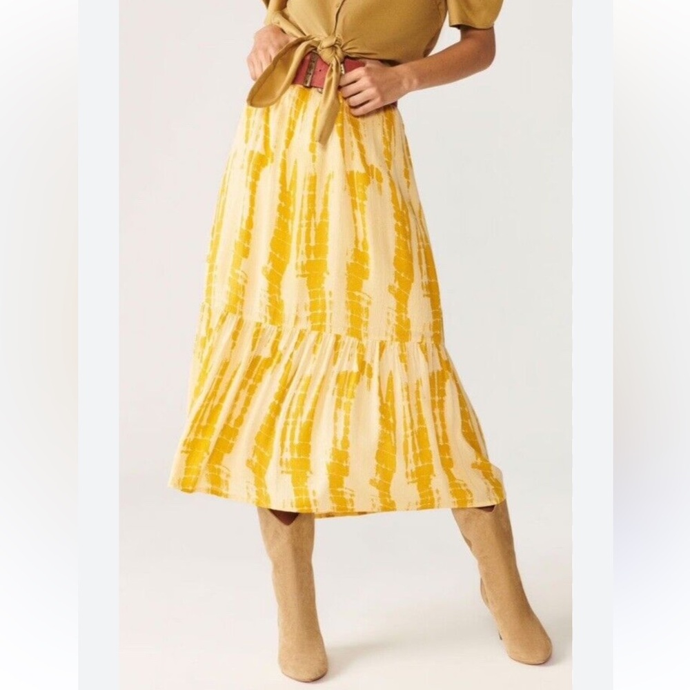 Ba&sh Kylie Yellow Tie-Dye Tiered Pull on Midi Skirt